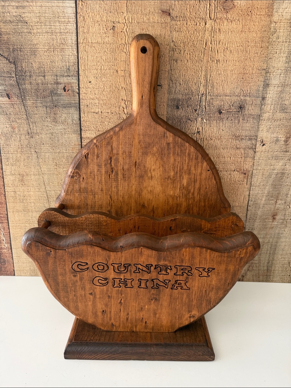 VTG handmade wooden “Country China” paper plate holder-country kitchen decor